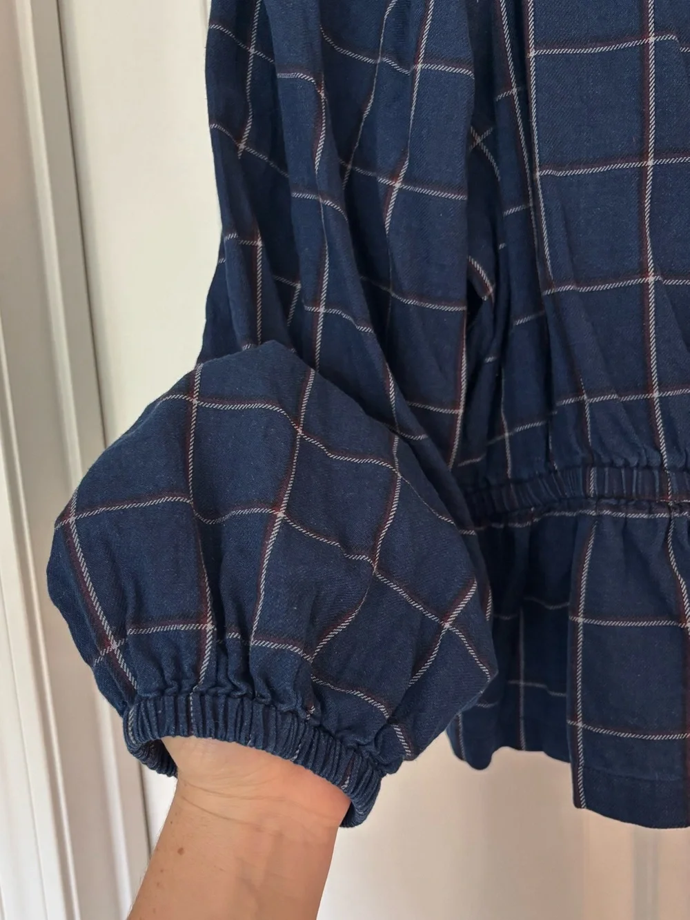Madewell Navy Plaid Peplum Blouse | Puff Sleeve Square Neck Top | Size Large